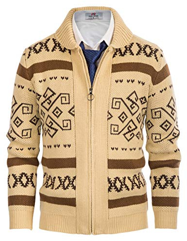 Mens Sweater Cardigan Long Sleeve Norwegian Style Costume Knitwear Apricot, L