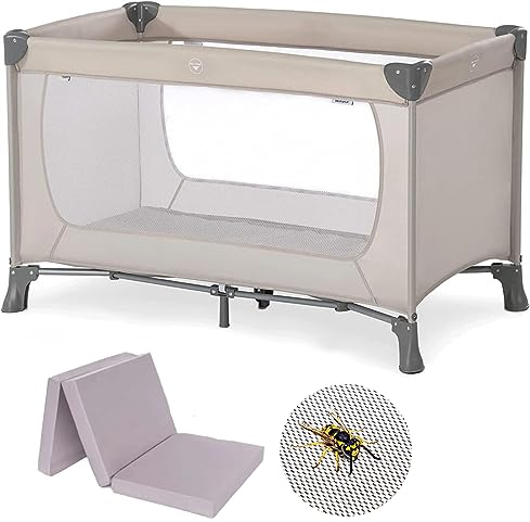 hauck Baby Reisebett Set Dream N Play mit extra Alvi Komfort Matratze und Moskitonetz - faltbares Kinder Babyreisebett mit Tasche - Beige