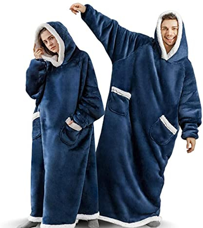 EAHOME Extra Long Hoodie Blanket Sweatshirt 3XL for Women Men 1pcs, Super Warm and Cozy Big Blanket Hoodie, Wearable Flannel Blanket with Sleeves and Pocket Blue
