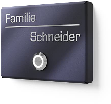 Plaque de Sonnette en saillie en Acier Inoxydable V2A avec Gravure par Graviers Design - Revêtement époxy RAL 7016 - Bouton de Sonnette LED - Sonnette - Made in Germany