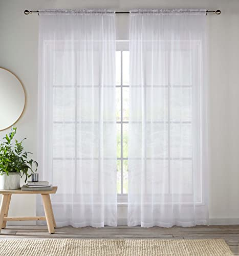 Förbättrade levande vita voile-gardiner för vardagsrumspanelpar – 57 breda x 72 fall – vanligt vävt spår topp genomskinliga gardiner (145 x 183 cm)