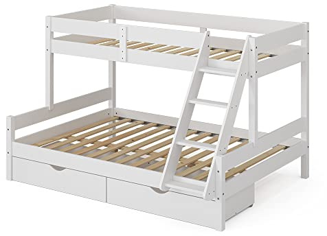 VitaliSpa Etagenbett Everest, Weiß, 140x200 / 90x200 cm mit Schubladen, mit integrierter Treppe und stabilem Lattenrostsystem