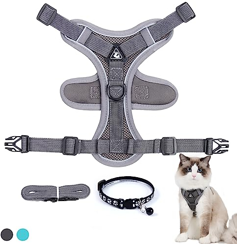 FINEASY Katzengeschirr mit Leine Ausbruchsicher und Katzenhalsband, Verstellbares Katzenleine mit Geschirr, Geschirrset Cat Harness Weich Softgeschirr für Katze Kitten Hunde Brustgeschirr (Grau, S)