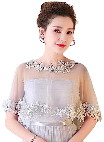 SamHeng Cape de Mariage en Dentelle pour Mariée, Femmes Fleur Brodé Boléro Châle Couverture d'épaule Capelets en Tulle pour Fête Performance Déguisée Accessoires Photo (Gris)