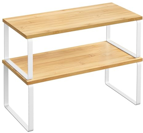 SONGMICS Étagère à Épices, Lot de 2, Organisateur de Placard, Étagère de Rangement de Cuisine Extensible, Porte-épices Empilable, en Métal, Bois d’Ingénierie, Blanc Nuage et Beige Naturel KCS200W01