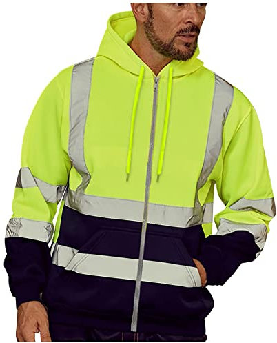 Duohropke Chaqueta de seguridad para hombre con rayas reflectantes, ropa de trabajo en la calle, chaqueta de trabajo de manga larga, sudadera con capucha, sudadera de advertencia de alta visibilidad