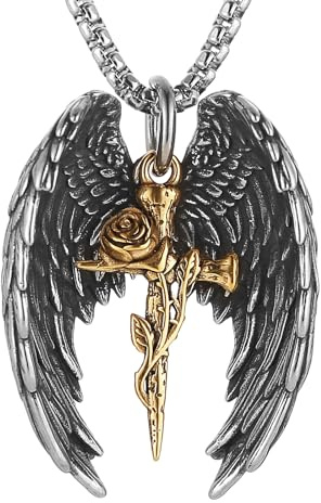 HZMAN Angel Wing Necklace for Men Women Stainless Steel Gothic Punk Angel Wing Rose Cross Pendant Faith Amulet Jewelry Gift