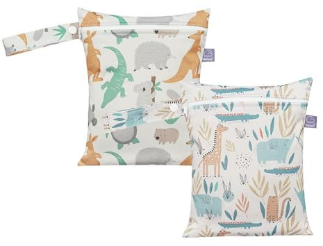 Treer 2 Stück Windeltasche Wetbag für Unterwegs, Baby Nassbeutel für Stoffwindeln, Wiederverwendbar Wasserdichte Toilettenartikel Organiser Beutel mit Reißverschluss (18x25cm,Giraffenkrokodil)