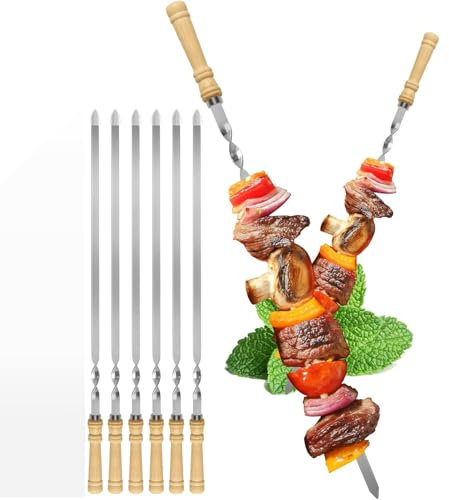 6 spiedini in metallo per kebab, spiedini piatti da 60 cm, per grigliare con manico in legno, spiedini riutilizzabili in acciaio inox, spiedini per barbecue, shish kebab per carne, gamberetti e pollo