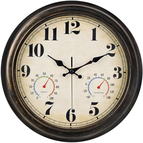 zyzamay 13 Inch Outdoor Clock with Thermometer and Hygrometer,BlackGold