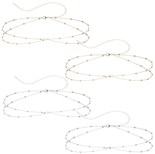 4Pcs Waist Chain for Women, 14K Plated Multilayer Adjustable Body Belly Chains, Waterproof Dainty Satellite Bead Chain for Women Sexy Beach Bikini Jewelry Gifts Accessories - Silver, Gold