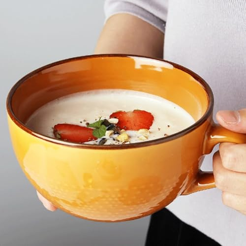 Grande tasse en céramique de 700 ml, tasse en grès, tasses pour cappuccino, tasse XXL en céramique avec poignée, grandes tasses à muesli avec poignée, saladier, tasse à café en porcelaine (Orange)
