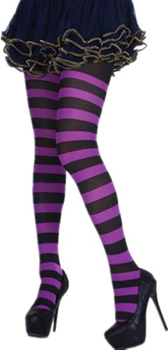 VYNZOR Collant Mujer Rayado Morado y Negro – Medias Extensibles para Disfraces de Bruja, Cosplay, Carnaval, Teatro y Halloween, Accesorio Original para Disfraces y Noches Temáticas