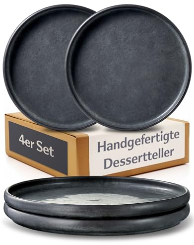 Cosumy Set de 4 Platos de Postre Negros Ø22 cm – Platos Ceramica Artesanales con Esmalte Reactivo – Plato aptos para Microondas y Lavavajillas – Set de 4 Platos llanos Sueltos – Platos Pequeños