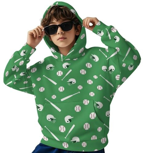NAKOCO Kids Hoodies Baseball Bat Helmet Ball for Boys Girls Pullover Hooded Sweatshirt with Pocket for 6-16 Years
