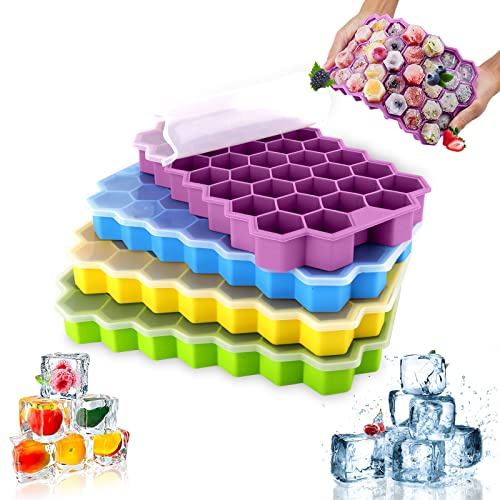 JUQG 4 Pezzi Stampo Ghiaccio Silicone con Coperchio, Vassoio per Cubetti di Ghiaccio a 37 Scomparti, Vassoi per Cubetti di Ghiaccio Impilabili per Cocktail, Cioccolato, Crema, Succo