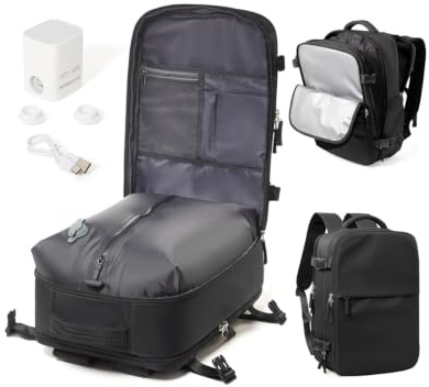 WEPOET Vacuum Backpack Travel with Pump Women, Carry On Ryanair Cabin Bags Flight Approved, Large Capacity Laptop Backpack for Men, Waterproof Travel Bag with Vacuum System(Black)