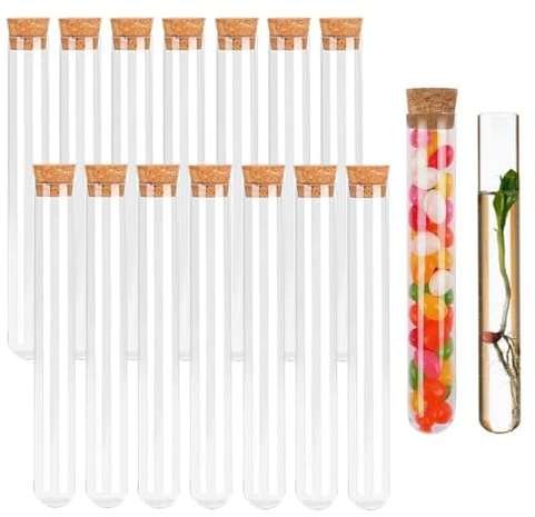 MKEAWWU Tube A Essai Verre, 15 Tubes En Verre Transparent 12 Mm X 100 Mm Avec Bouchon Liège, Pour Bonbons Épices Plantes Échantillons