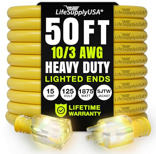50ft Outdoor/Indoor Extension Cord 10/3 Gauge Ultra Heavy Duty 3 Prong SJTW, Waterproof, Flexible Cold-Resistant Long Power Cord,15A 125V 1875W, Yellow by LifeSupplyUSA