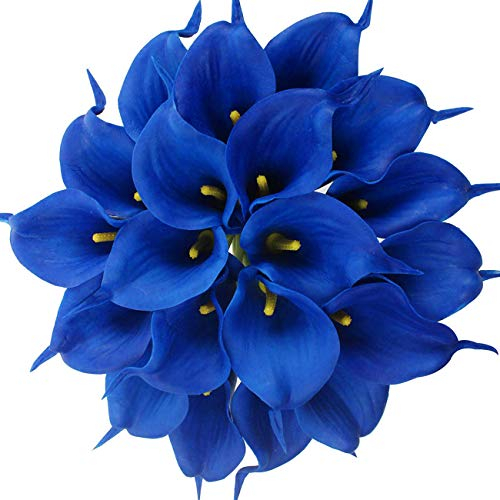 Veryhome 20 Pcs Lys Calla De Mariée Bouquet De Fleurs Artificielle Tête De Fleur en Latex Real Touch Home Party De Mariage Décoration (Bleu Royal)