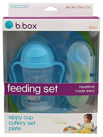 b.box Silicone Feeding Set with Divided Plate, Sippy Cup, and 2 Cutlery Set | Dishwasher Safe 3 Pieces Dinner Set Perfect for Self Feeding Training (Ocean Breeze)