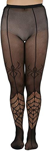 ToBeInStyle Women’s Spiderweb & Crawling Spider Print Hosiery Tights & Thigh High Stockings - Itsy Bitsy Spider Web Net Black - One Size