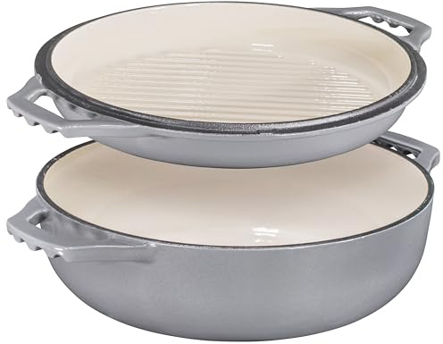 2-in-1 Enameled Cast Iron Cocotte Double Braiser Pan with Grill Lid 3.3 Quarts - Barbecue Grill Non Stick Frying Pan - Casserole Cookware Wide Handle (Grey)