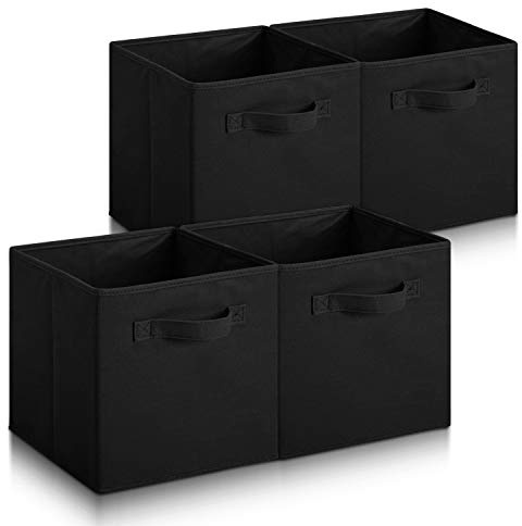 Collapsible Fabric Storage Cubes, Pack of 4 Foldable Boxes with Handles | Pure Black 27 x 27 x 27 cm | Non-Woven Fabric | Open-Top Cube Shelf Baskets For Wardrobes, Toys, Clothes & Nursery