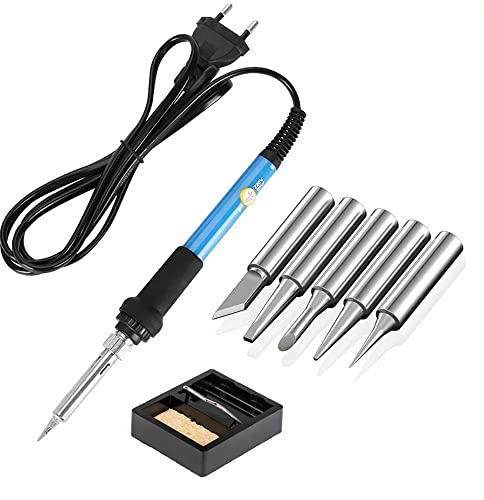 Kit saldatore a stagno, saldatore da 60 W, temperatura regolabile 200 °C ~ 450 °C, 5 punte per saldatore, mini supporto, spugna