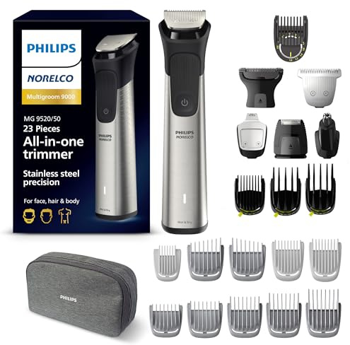 Norelco Philips Multigroom 9000 Series, All-in-One Trimmer, Beard Trimmer and Hair Clipper, 23-Piece Men's Grooming Kit for Beard, Body, Face, Nose, Ear and Intimate Areas, MG9520/50