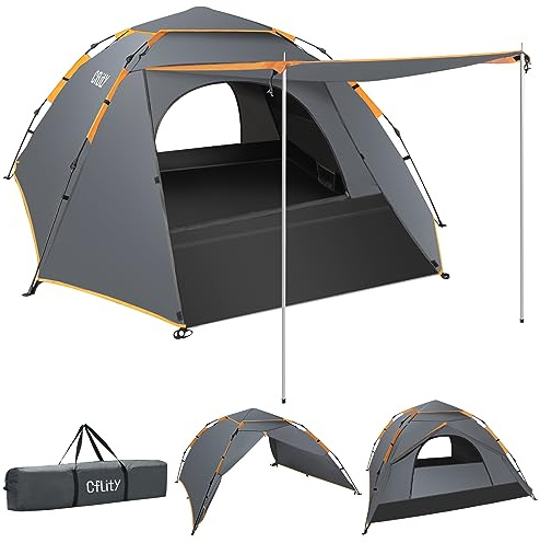 Cflity Tente de Camping, Automatique 3 Personne Pop Up Tente 3 Places, Instantanée 3 Couches Imperméable à l'eau 4 Saisons Tente à Dôme & Bâche avec Tapis de Sol étendu Porche 2 Bâtons de Tente