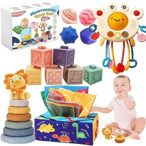 Auezona 5 in 1 Baby Spielzeug ab 6 9 12 Monate, Montessori Spielzeug Baby, Motorikspielzeug, Stapelspielzeug Blöcken, Tissue Box, Quetsch Bälle Babyspielzeug ab 6 Monate,Geschenk Junge Mädchen 1 Jahr