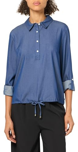 Tommy Hilfiger Blusa de Manga Larga con Ribete de Lazo para Mujer, Azul/Blanco, S