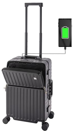 Travelhouse Roma Handgepäck Koffer mit USB Anschluss, Getränkehalter, Alu-Rahmen, PC Hartschale, Trolley, Bordkoffer Rollkoffer Cabin Case 55x35x23 cm, Schwarz
