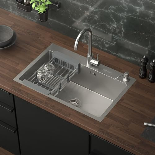 ML-Design Évier de Cuisine, 68 x 45 cm, avec Vidage, Distributeur de Savon et Panier-Égouttoir, en Acier Inoxydable, Argent, Évier avec Bassin, Montage à Poser ou à Encastrer, Lavabo Évier Domestique
