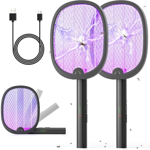 YISSVIC Electric Fly Swatter Foldable Fly Zapper Killer 4000V Mosquito Bug Zapper Racket 1800mAh Rechargeable with USB-C Cable for Indoor Home Outdoor Black 2 Pack