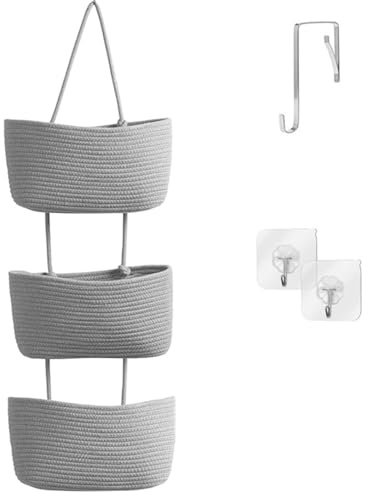 Kongming 3 livelli Cesto Portaoggetti da appendere Intrecciato, Porta oggetti da appendere in Corda Cotone, Scatola da appendere a parete e porta, per bagno, camera da letto (grigio chiaro)
