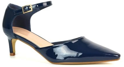 Women's Classic Low Kitten Stiletto Heel Ladies Navy Patent 2 Piece Ankle Strap Court Shoes Size 5
