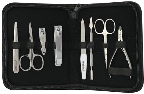 Set di 8 manicure per uomo e donna – Set per la cura delle unghie in acciaio inox con forbici per unghie, forbici per pelle, unghie teenager, tagliaunghie, lima per unghie in vetro e pinzette – Set