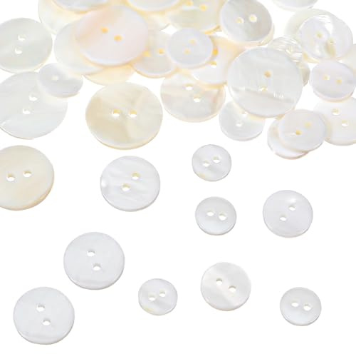 Juego de 50 botones de nácar de concha natural de color blanco, botón de costura a granel, pequeño borde redondo, juego blanco para costura, manualidades, camisas, trajes y ropa (10/12.5/15/18/20 mm