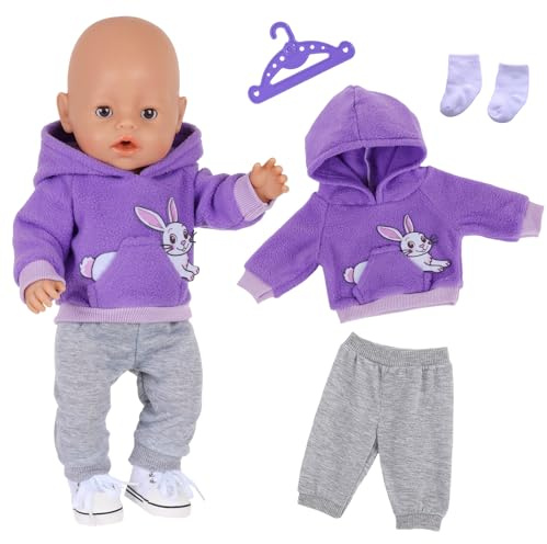 Xerteam Ropa de muñeca para muñecas de 35 a 43 cm, ropa para muñecas nuevas, 4 unidades, sudadera con capucha de conejo morado, pantalones grises, 1 par de calcetines, perchas, ropa de elementos