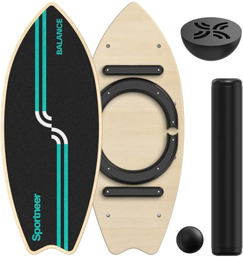 Sportneer Balance Board Upgrade – 8-in-1 Wooden Wobble Board with Roller, Rubber Ball & Half Ball, Balance Trainer for Adults, Core Strength & Physical Therapy Equipment 450 LBS