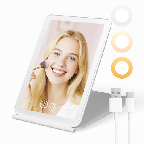 EYMUOBC Kosmetikspiegel mit Beleuchtung, Dimmbar 3 Farblichter Schminkspiegel, Faltbar und USB Aufladbar für Zuhause Reise, Perfekter Spiegel für Schminktisch Makeup