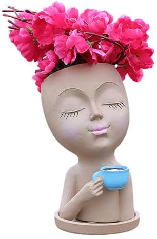Maceta con forma de cabeza de chica tomando café - Jarrón único de resina para plantas Elegante maceta de resina para interiores para suculentas y flores | Decoración creativa para jardinería Macetero
