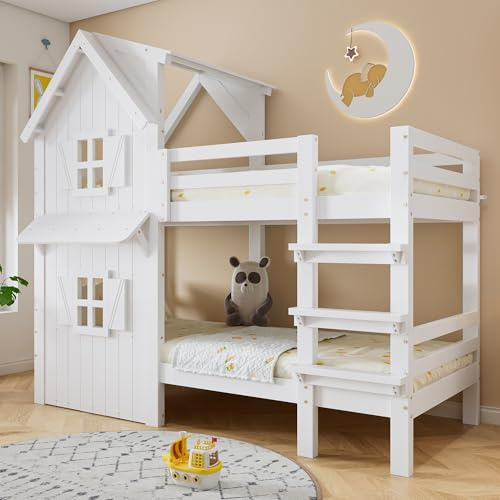 Trdlpyn Letto a castello per Bambini 90x200cm con Rete a Doghe, Letto a Forma di Casa con Finestra, Struttura in Legno per Ragazzi e Ragazze(Senza Materasso)