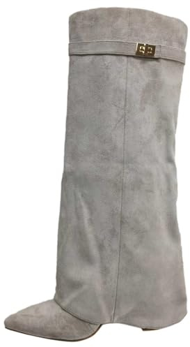 Generisch Stivali da donna Shark Boots – Slouchy ampi stivali da cowboy comodi punta punta con plateau tacco lungo al ginocchio alto inverno caldo in pelle moda comfort invernali, 03 grigio, 38 EU