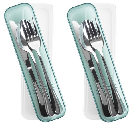 Mnsconkl Campingbesteck Set 2 Personen, Edelstahl mit Etui(Grün)