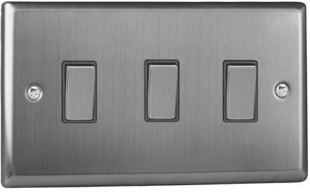 Varilight Triple Rocker Light Switch 2-Way Twin Plate - Classic Brushed Steel With Brushed Steel Rockers, XT93D