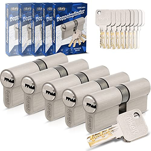 GERCAR Pro Lot de 5 cylindres de serrure, profilés, à fermeture identique, avec 25 clés, serrures de porte, longueur : 90 mm, A : 45, B : 45, en laiton mat massif