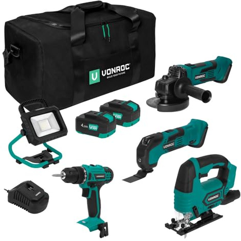 VONROC Pack Outils Sans Fil VPOWER 20V - 2 Batteries 4.0Ah et Chargeur Inclus - Perceuse, Scie Sauteuse, Meuleuse Angle, Scie Circulaire Sans Fil, Outil Multifonction Oscillant Sans Fil - Sac Inclus